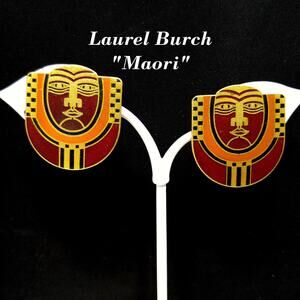 Laurel Burch "Maori" Tribal Mask Clip Earrings, Deep Red Enamel, 1980s Vintage